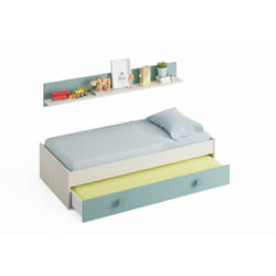 Lit avec un tiroir coloris Blanc Alpes / vert Acqua en melamine - Dim : 43 x 201 x 98 cm Pegane