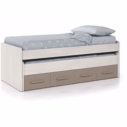 Lit double gigogne avec deux tiroirs en bas. Coloris Blanc Alpes et Basalte en melamine. Le lit necessite deux matelas : l’un ...