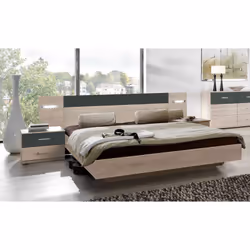 Chambre à coucher en Imitation chêne Hickory rechampis graphite se compose d'un Lit avec éclairage LED «Commode, matelas et s ...