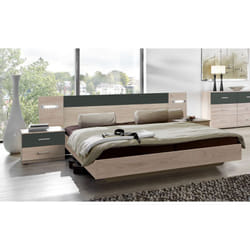 Pegane - Ensemble Lit adulte avec led et 2 chevets coloris Imitation chêne Hickory rechampis graphite - 180 x 200 cm