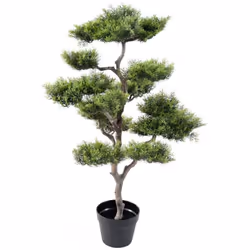 Description générale PIN BONSAI artificiel, idéal pour l'extérieur, avec un pot en PVC de 18 cm de diamètre et 14 cm de haute ...