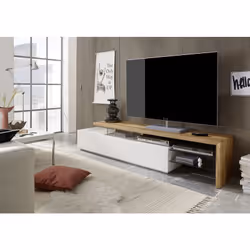 Aménagez votre intérieur grâce à cette meuble TV aussi chic que pratique. une meuble TV avec 3 tiroirs en blanc mat et chêne  ...