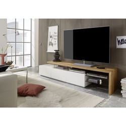 Meuble tv en blanc mat et chêne massif avec 3 tiroirs - L204 x H40 x P40 cm Pegane