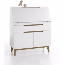 Bureau de sécretaire en laqué blanc mat avec piètement en chêne. il se compose de 2 portes qui contient 2 niches et un tiroir ...