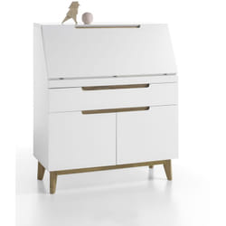 Pegane - Bureau de sécretaire en laqué blanc mat avec piètement en chêne - L97 x H113 x P40 cm