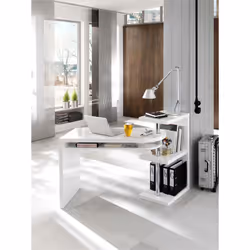 Bureau plateau pivotant coloris laqué blanc brillant avec 3 tablettes et piètement en métal. Bureau informatique design conte ...