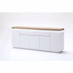 Buffet avec LED coloris laqué blanc mat avec plateau en chêne noueux huilé composé de 2 tiroirs et 5 portes. un design contem ...