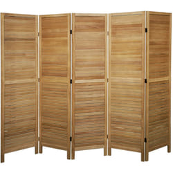 Pegane - Paravent persienne de 5 pans en bois, coloris brun clair - Dim : H170 x L200cm