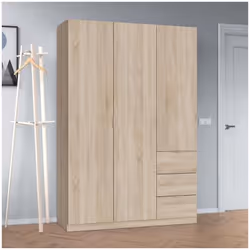 Armoire composé de 3 Portes avec penderie, 3 tablettes de rangement et 3 Tiroirs en chêne canadien. Un design contemporain qu ...