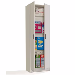 Cette armoire de rangement avec 2 portes qui contient 4 étagères coloris blanc sera le meuble idéal à accrocher sur ce mur nu ...