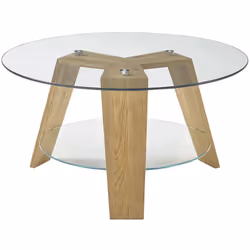 Table basse ronde fabriqué en verre trempé transparent de 6 mm de haute qualité et de chêne massif et tablette inférieure en  ...