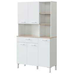 Buffet meuble cuisine 5 portes + 1 tiroir coloris blanc artic/chêne canadien - Hauteur 186 cm x Longueur 108 cm x Profondeur 40 cm Pegane