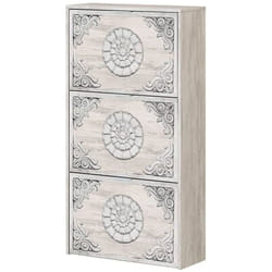 Meuble à Chaussures avec 3 abattants coloris chêne gris blanchie / impression digitale mandala - H113 x Longueur 60 x P22 cm Pegane
