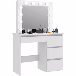 Description générale Coiffeuse moderne avec 4 tiroirs et miroir LED, de couleur blanche. Son design élégant et ses teintes co ...
