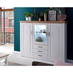 Pegane - Buffet / Vaisselier en pin blanc et chêne avec led - L.163 x H.142 x P.40 cm