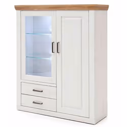 Ce meuble de rangement de 2 portes et 3 tiroirs est fabriqué en pin massif coloris blanc et mélamine coloris chêne, de bonne  ...