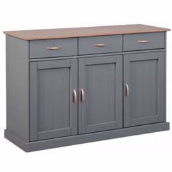 Ce buffet est fabriqué en pin massif gris et foncé pour son plateau, équipé de 3 portes avec étagères intérieures et de 3 tir ...
