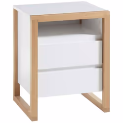 Chic et rétro, cette table de chevet en MDF peint blanc mat, structure en chêne massif, laqué naturelle de 2 tiroir avec poig ...