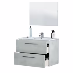 Meuble de salle de bain suspendu avec 2 tiroirs en mélamine. Comprend les supports pour montage mural. Vasque et robinetterie ...