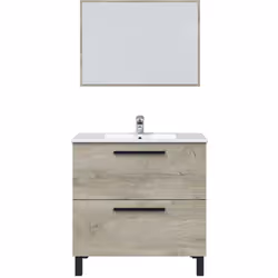 Meuble de salle de bain sous vasque avec 2 tiroirs et 1 miroir coloris Alaska chêne à nœuds, Fabriqué en panneau aggloméré ha ...