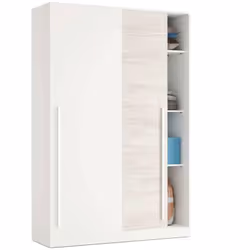 Armoire avec 2 portes coulissantes coloris blanc artic / blanc poli, Comprend 4 étagères intérieures et une barre de suspensi ...