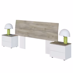 Tête de Lit avec 2 Tables de Chevet coloris blanc artic / chêne à nœuds alaska. L'ensemble tête de lit et chevets est un ense ...