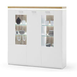 Buffet / Vaisselier coloris chêne Wotan et blanc - Longueur 138 x Hauteur 144 x Profondeur 38 cm -PEGANE-