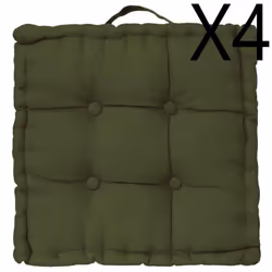 Lot de 4 coussins de sol en coton coloris vert kaki - Longueur 40 x Profondeur 40 x Hauteur 8 cm