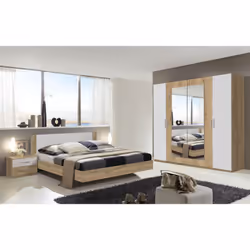 Description générale Chambre à coucher moderne en panneaux de particules de couleur imitation chêne poutre et blanc. Ce mobil ...
