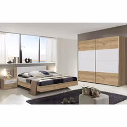 Chambre à coucher en panneaux de particules coloris imitation chêne poutre/blanc comprend un lit futon de 180x200 « sommier e ...