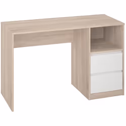 Bureau décor chêne/blanc, avec un bel espace de travail 120 x 75 et 2 tiroirs + 1 niche (glissières métalliques). Fabriqué en ...