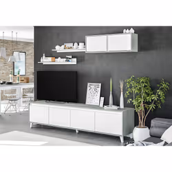 Ensemble séjour composée d’un meuble TV avec piètement et 4 portes + espace passe-câbles sur la partie centrale, et un module ...