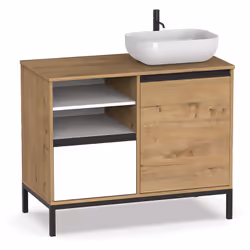 Meuble vasque avec 1 porte de 2 étagères réglables à l'intérieur + 2 niches + 1 tiroir avec guides métalliques. Poignées en p ...