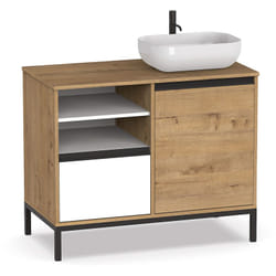 Meuble Vasque 1 porte + 1 tiroir coloris chêne doré/ blanc - Hauteur 95.5 x Longueur 100 x Profondeur 51 cm Pegane