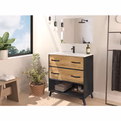 Meuble vasque fabriqué en panneaux de particules et mélamine haute densité coloris Marbre / chêne doré avec 1 niche + 2 tiroi ...