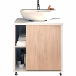 Meuble sous lavabo à roulettes, en panneaux de particules et mélamine haute densité coloris Blanc brillant / effet bois. Comp ...
