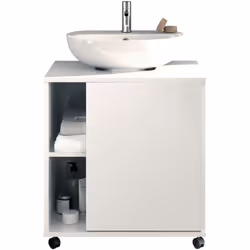 Meuble sous lavabo à roulettes, en panneaux de particules et mélamine haute densité coloris Blanc brillant. Comprend 1 porte  ...