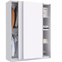 Armoire de rangement, en panneaux de particules et mélamine haute densité coloris blanc, avec 2 portes coulissantes. D'un côt ...