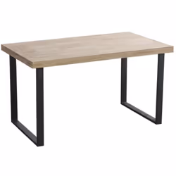 Table à manger avec plateau d'épaisseur 54 mm en bois couleur chêne clair. Pieds métalliques noirs. Dimensions : Longueur 140 ...