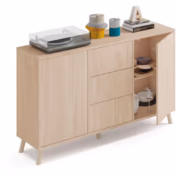 Buffet, en panneaux de particules et mélamine haute densité coloris effet bois, avec 2 portes dotées du système "pouch" (étag ...