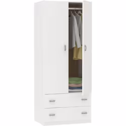Armoire de rangement 2 portes, en panneaux de particules et mélamine haute densité coloris blanc brillant, avec 1 penderie et ...