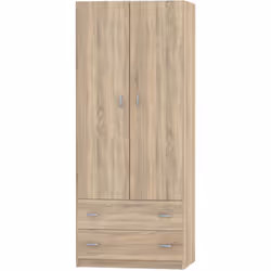 Armoire de rangement 2 portes, en panneaux de particules et mélamine haute densité coloris cambrian, avec un penderie et 2 ti ...
