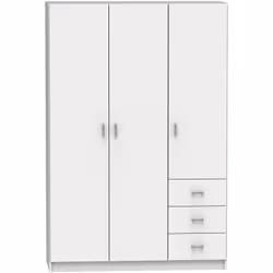 Armoire de rangement 3 portes, en panneaux de particules et mélamine haute densité coloris blanc, avec une penderie, étagères ...