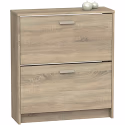 Commode à chaussures de 2 portes battantes, en panneaux de particules et mélamine haute densité coloris Cambrian. Capacité po ...