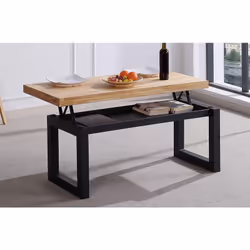 Description générale Table basse relevable au design moderne, fabriquée en bois de chêne sauvage avec un plateau d'une épaiss ...