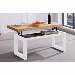 Description générale Table basse relevable au design moderne, fabriquée en bois de chêne sauvage avec des pieds en métal blan ...