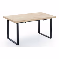 Table à manger rectangulaire extensible avec plateau d'épaisseur 54 mm en bois coloris chêne nordique. Pieds métalliques colo ...