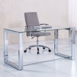 Table de bureau avec verre trempé translucide de 8 mm. Pieds sont en métal coloris chromé. Matière résistante et solide. Dime ...