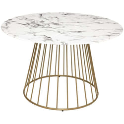 Table à manger avec plateau verre trempé effet marbre/blanc - Diamètre 120 x Hauteur 75 cm Pegane