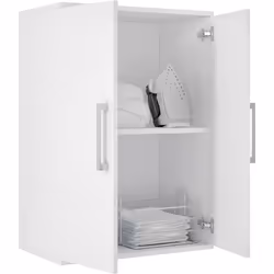 Meuble bas de rangement coloris blanc en panneaux de particules mélaminés, équipé de 2 portes et une étagère intérieure. Prod ...
